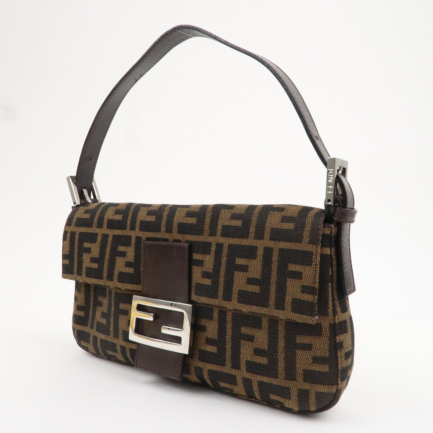 FENDI Mamma Baguette Canvas Leather Shoulder Bag Brown Black 26424