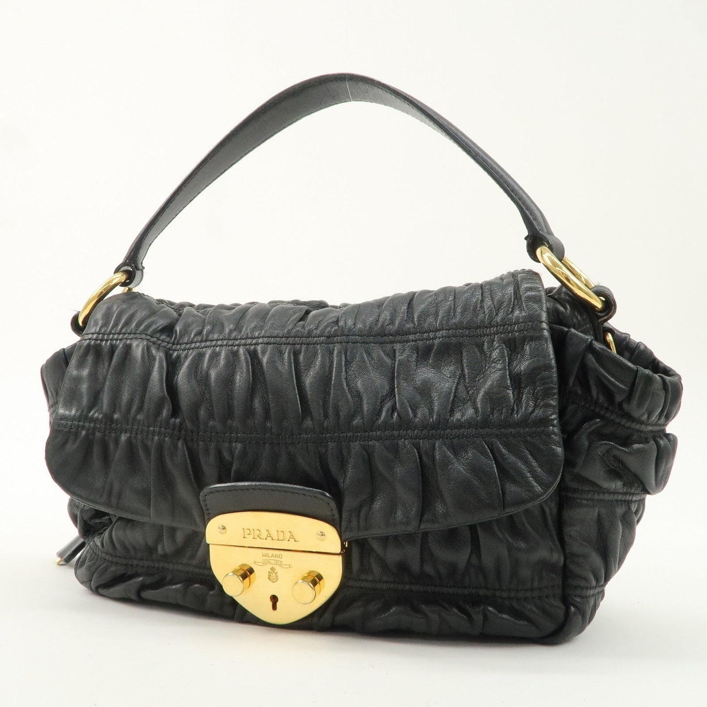 PRADA Leather Gathered 2WAY Shoulder Bag Black BN1639