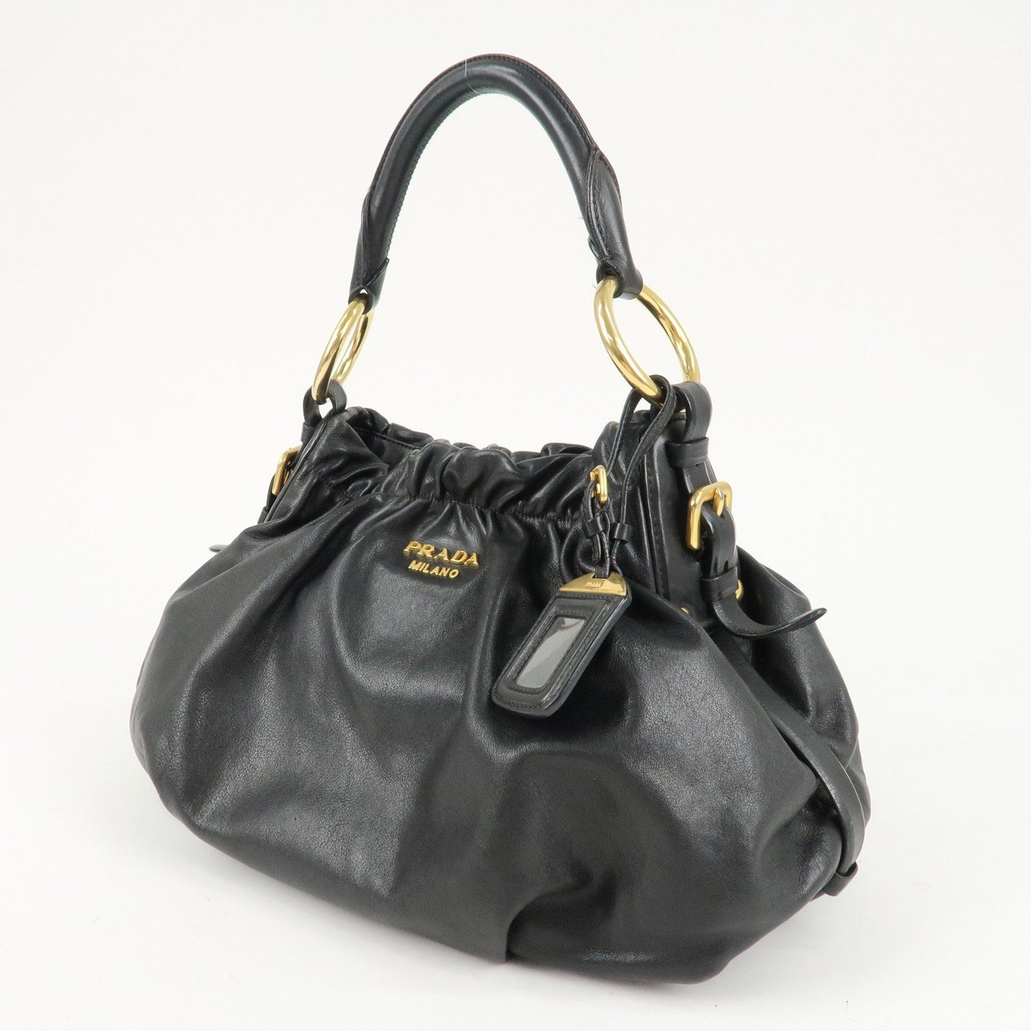 PRADA Leather Shoulder Bag Hand Bag Black Gold Hardware