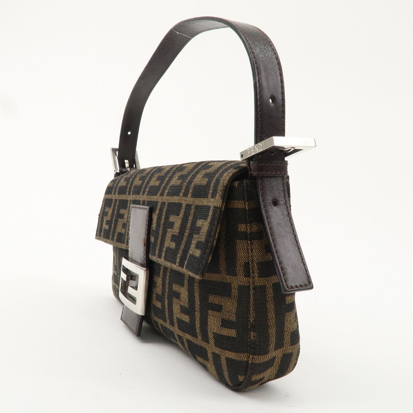 FENDI Mamma Baguette Canvas Leather Shoulder Bag Brown Black 26424