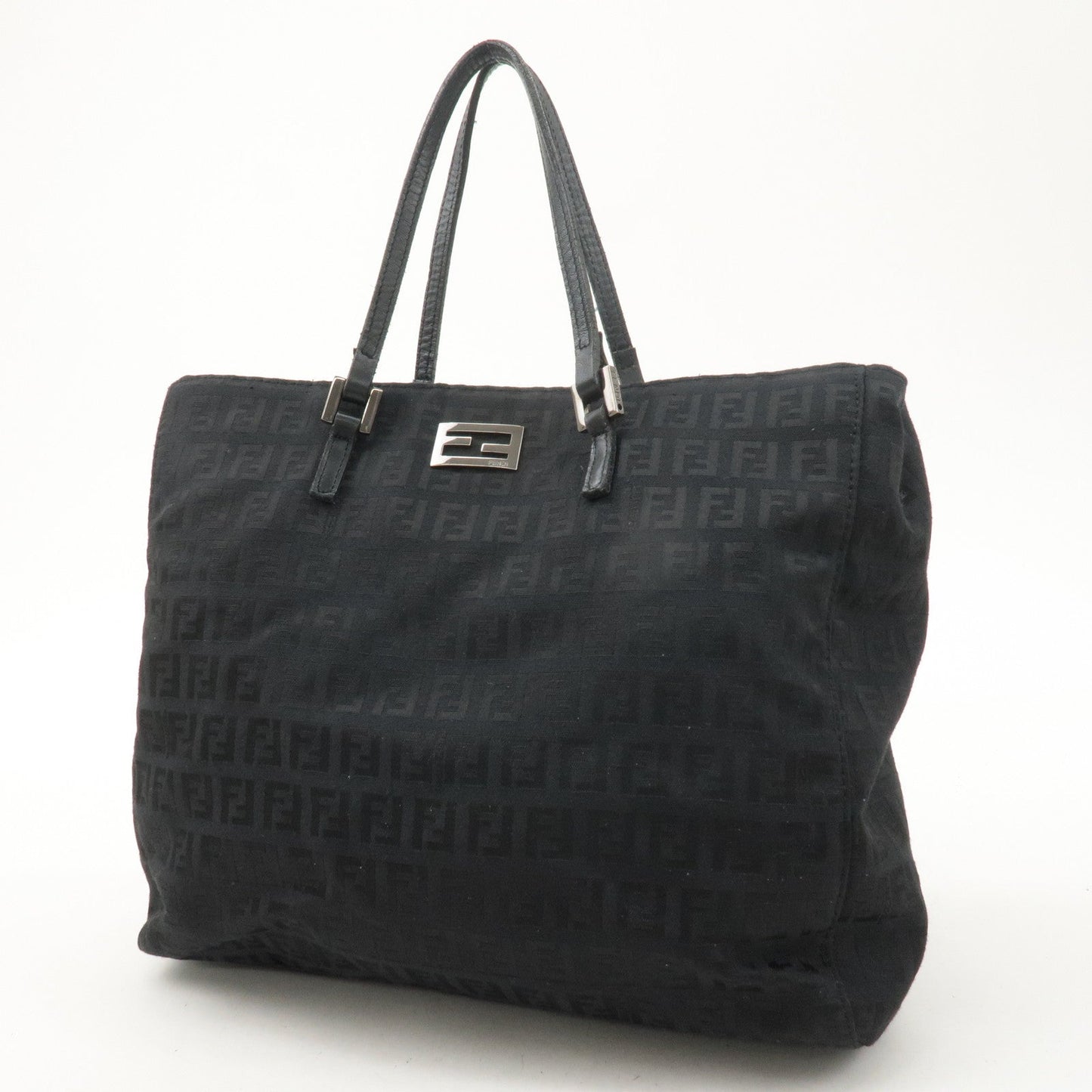 FENDI Zucchino Canvas Leather Hand Bag Tote Bag Black 8BH133