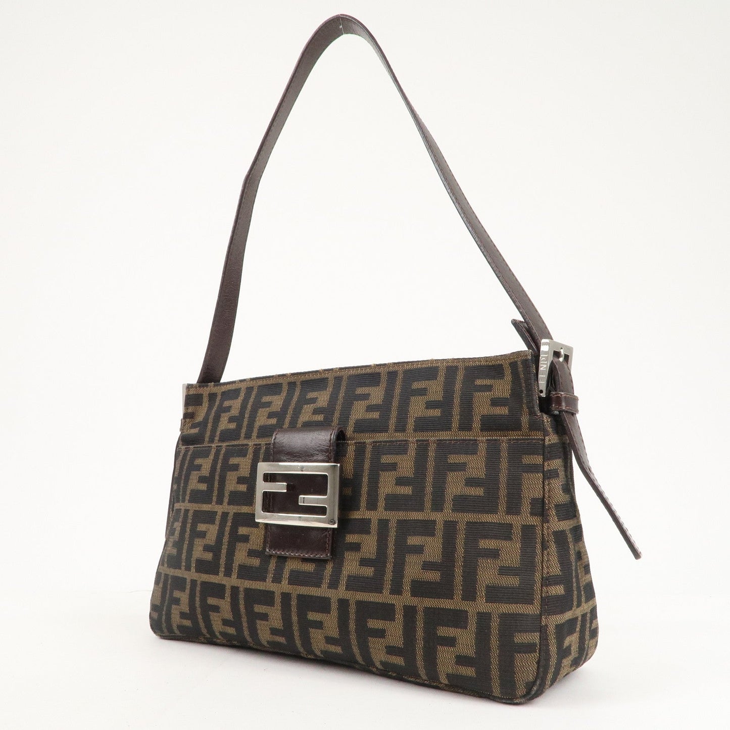 FENDI Zucca Canvas Leather Shoulder Bag Brown Black 26566