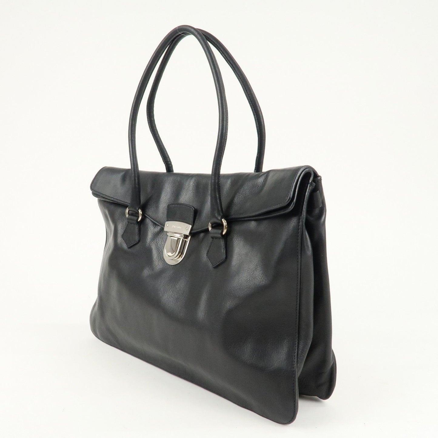 PRADA Leather Tote Bag Shoulder Bag Black Silver Hardware