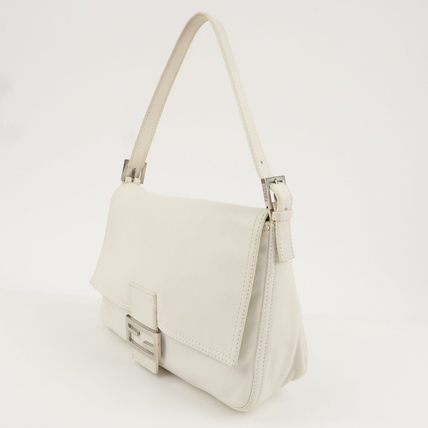 FENDI Leather Mamma Baguette Shoulder Bag Ivory Silver HDW 8BR001