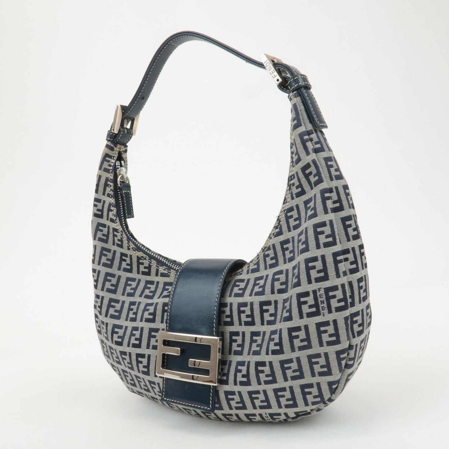 FENDI Zucchino Canvas Leather Shoulder Bag Navy Grey