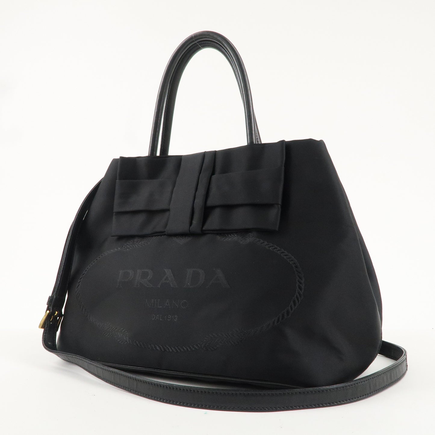 PRADA Nylon Leather Ribbon Logo 2Way Bag Hand Bag Black 1BG068