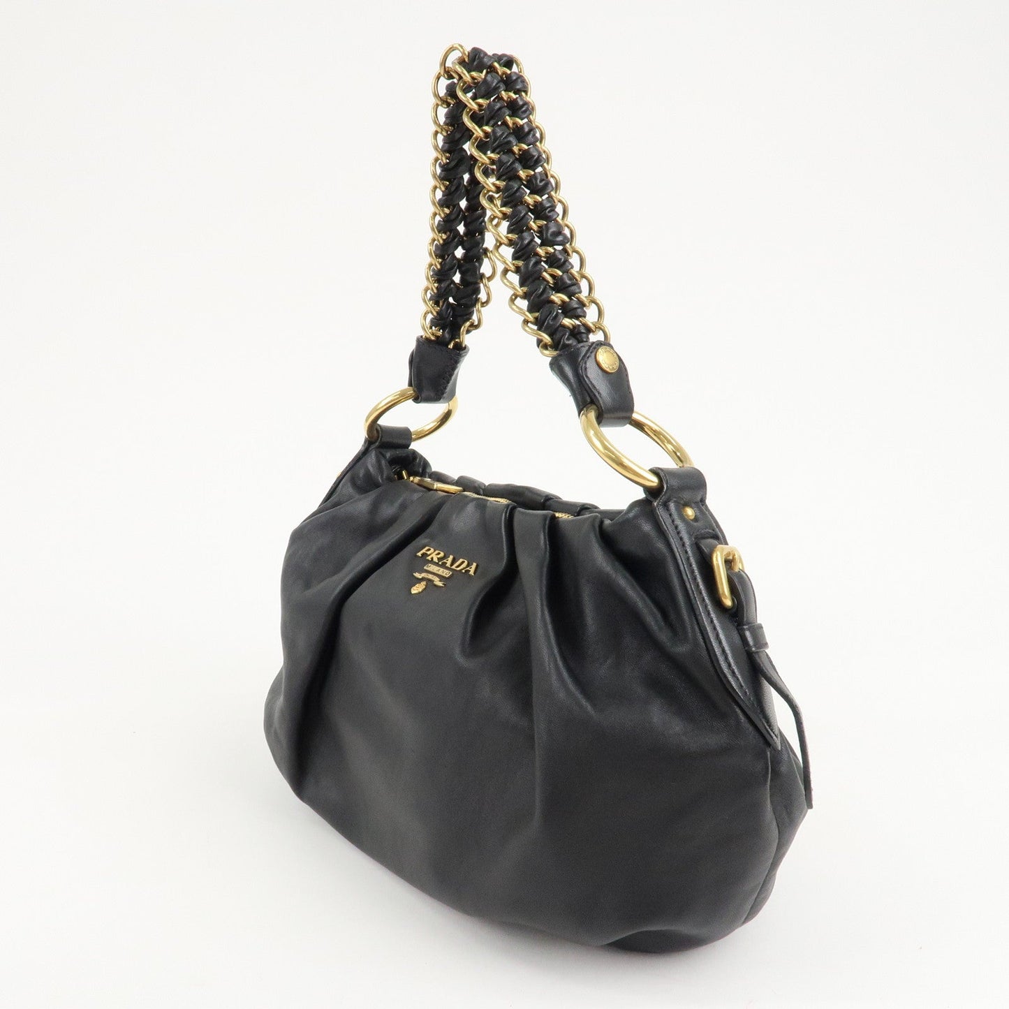 PRADA Leather Chain One-Shoulder Bag Black Gold Hardware