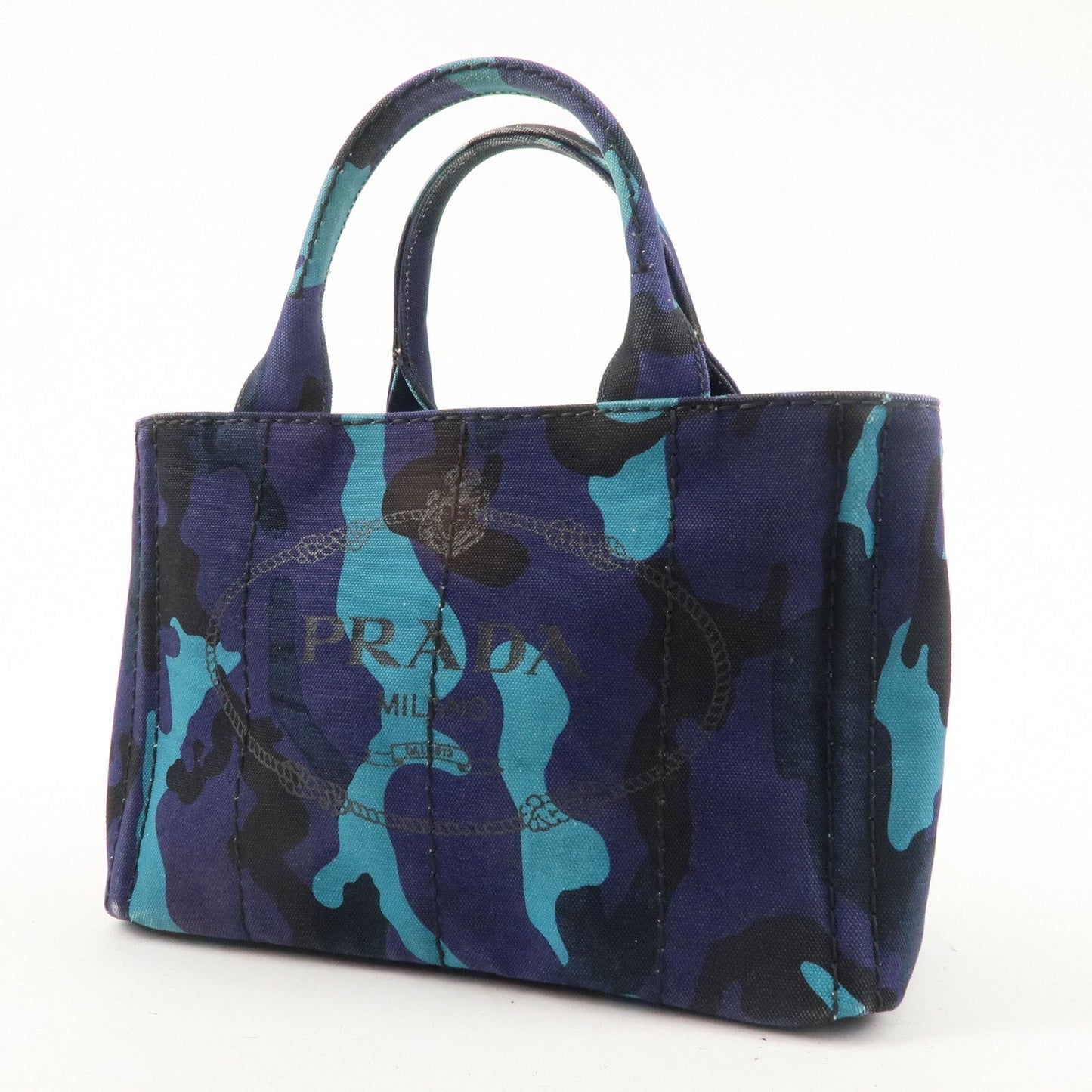 PRADA Logo Canapa Canvas Tote Bag Hand Bag Camouflage Blue B2642B