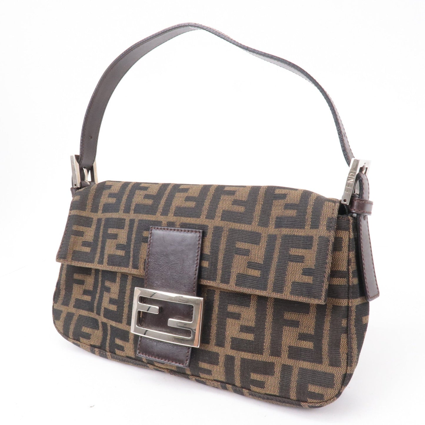 FENDI Mamma Baguette Canvas Leather Shoulder Bag Brown 26424