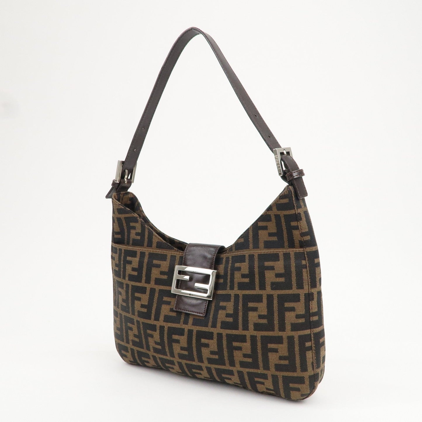 FENDI Zucca Canvas Leather Shoulder Bag Brown Black 26569