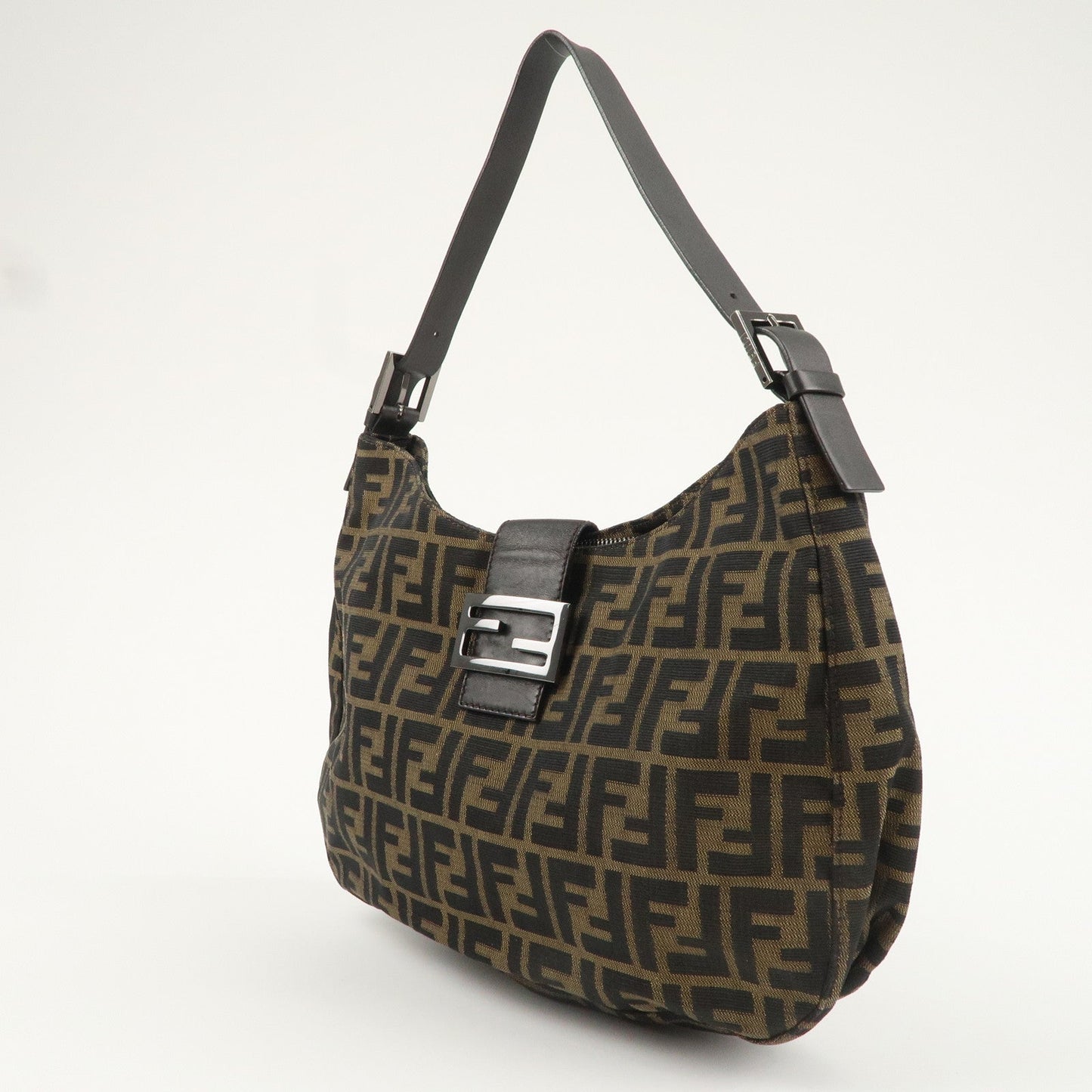 FENDI Zucca Canvas Leather Shoulder Bag Khaki Black Brown 8BR037