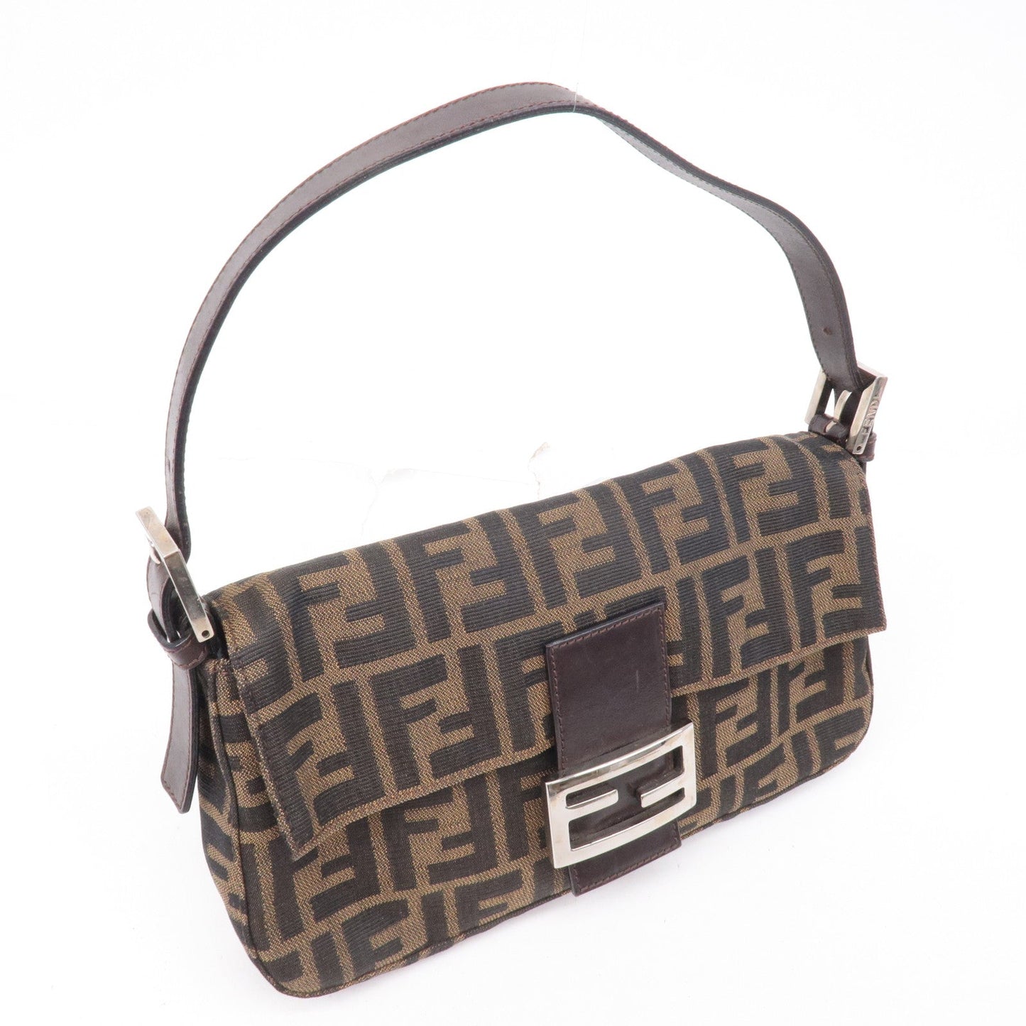 FENDI Mamma Baguette Canvas Leather Shoulder Bag Brown 26424