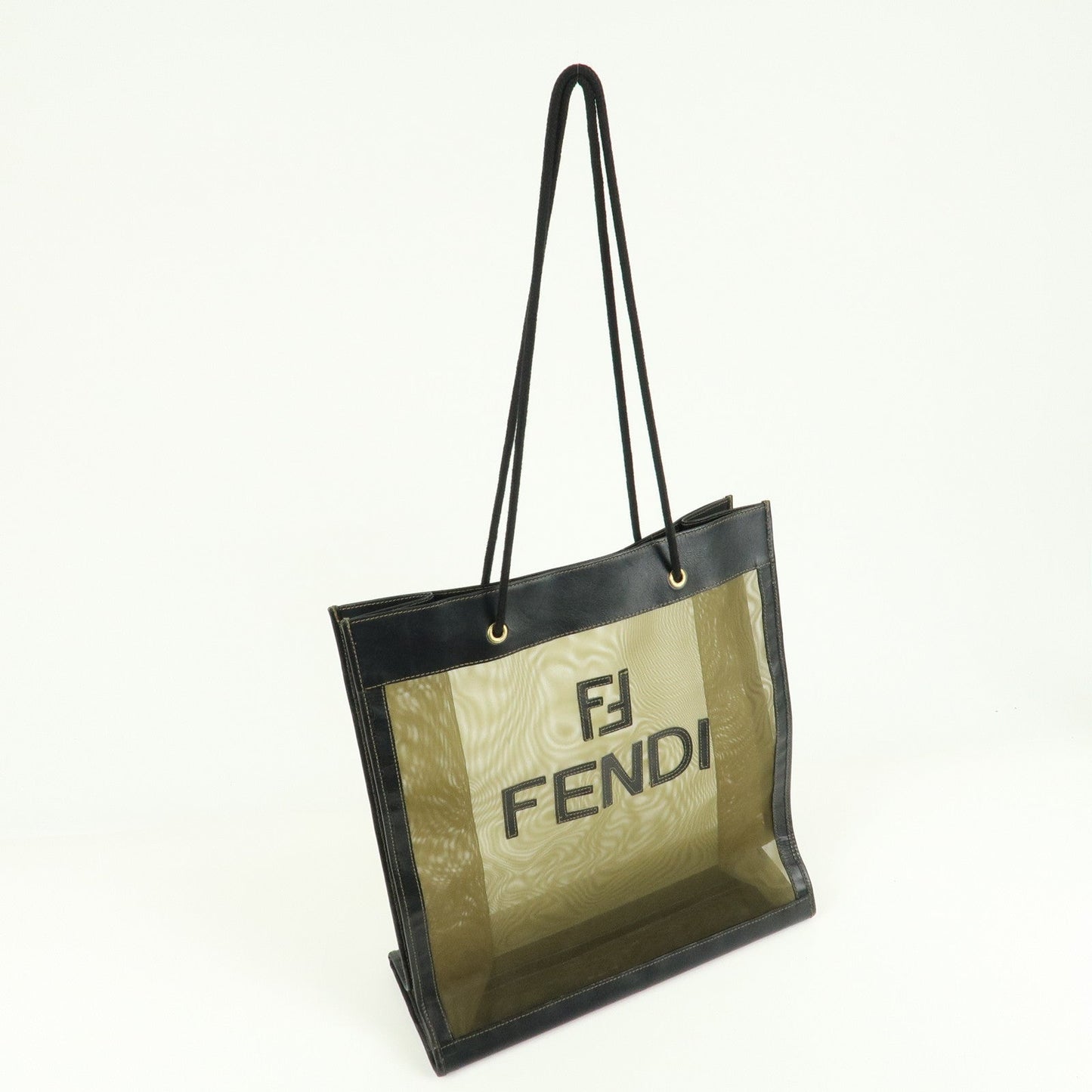 FENDI Mesh Leather Tote Bag Shoulder Bag Khaki Black 259642