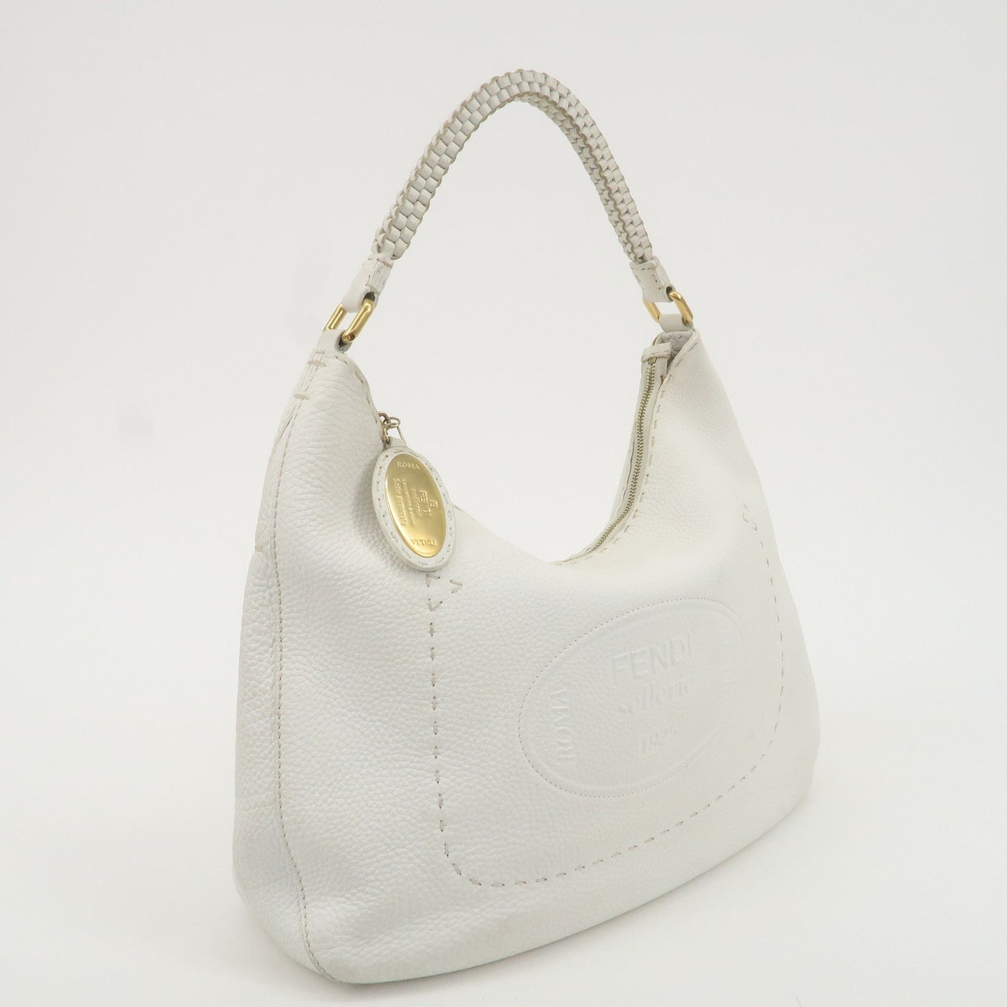 FENDI Selleria Leather Shoulder Bag White Gold Hardware 8BR648