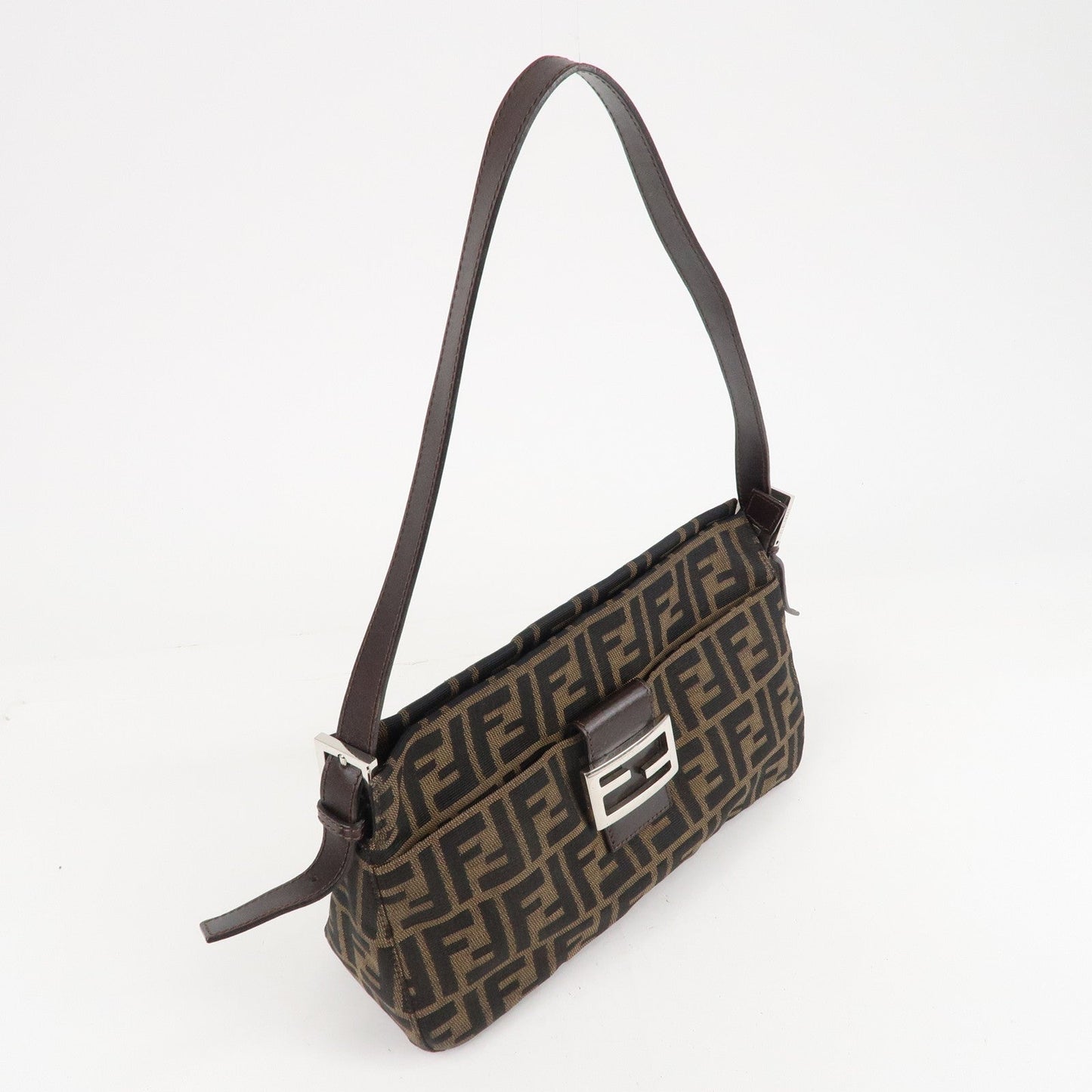 FENDI Zucca Canvas Leather Shoulder Bag Brown Black 26566