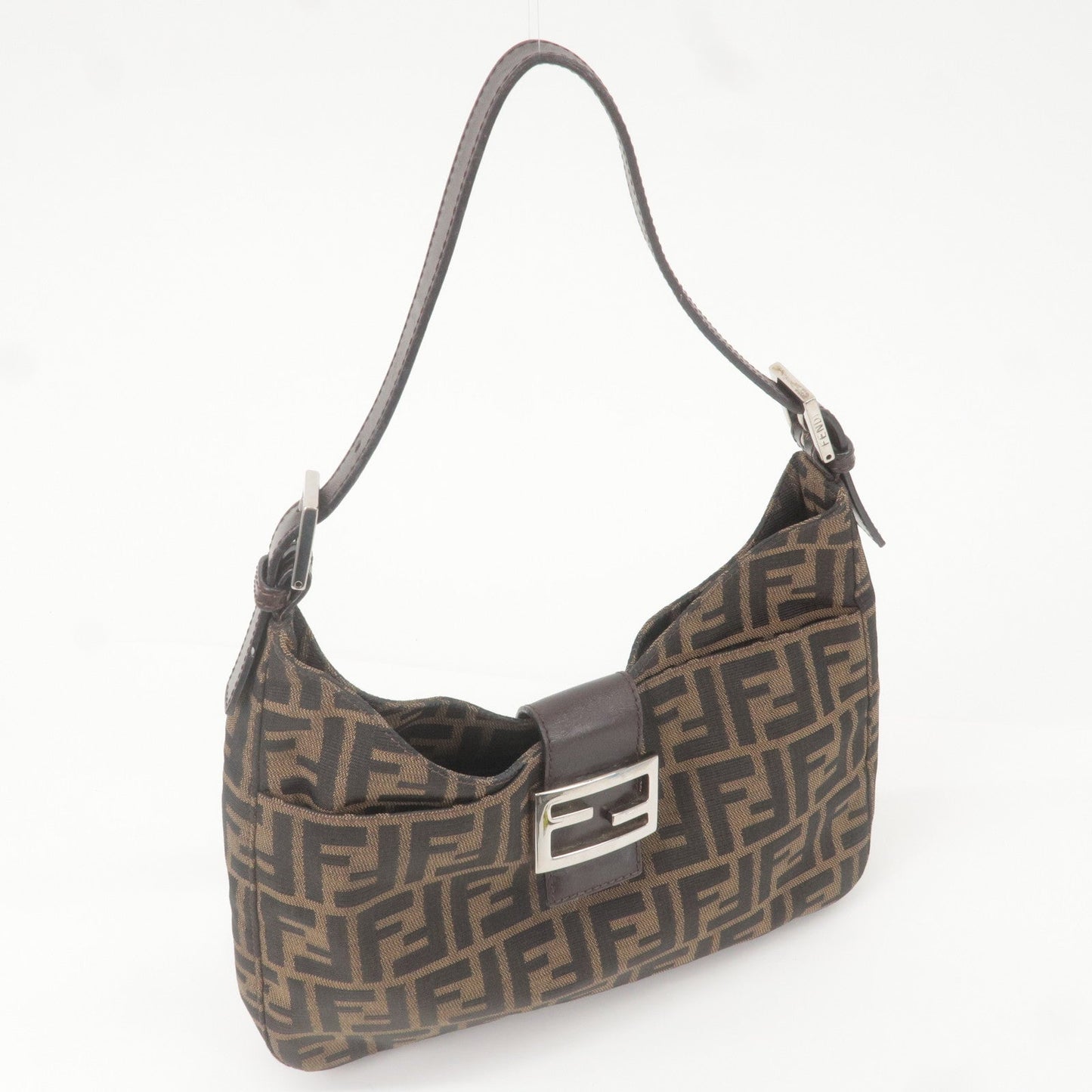 FENDI Zucca Canvas Leather Shoulder Bag Brown Black 26569