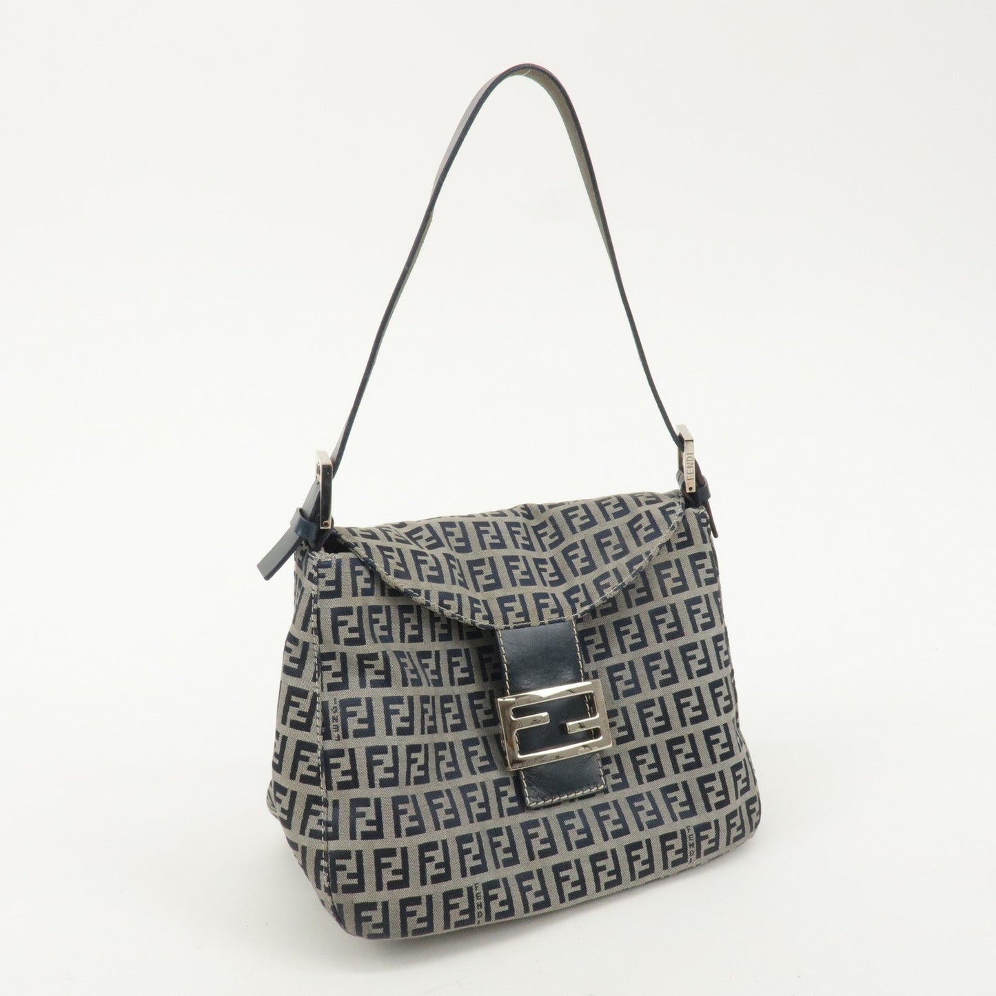 FENDI Zucchino Canvas Leather Shoulder Bag Gray Blue 26426