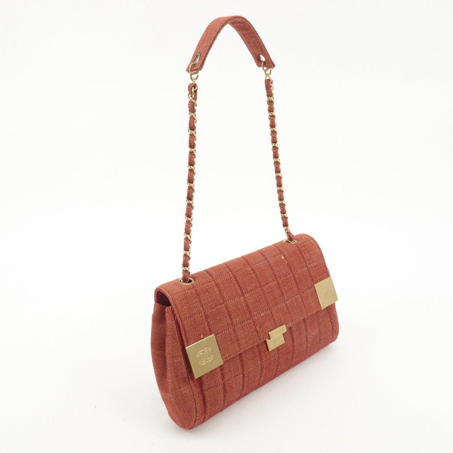 CHANEL Chocolate Bar Canvas Chain Shoulder Bag Red Gold