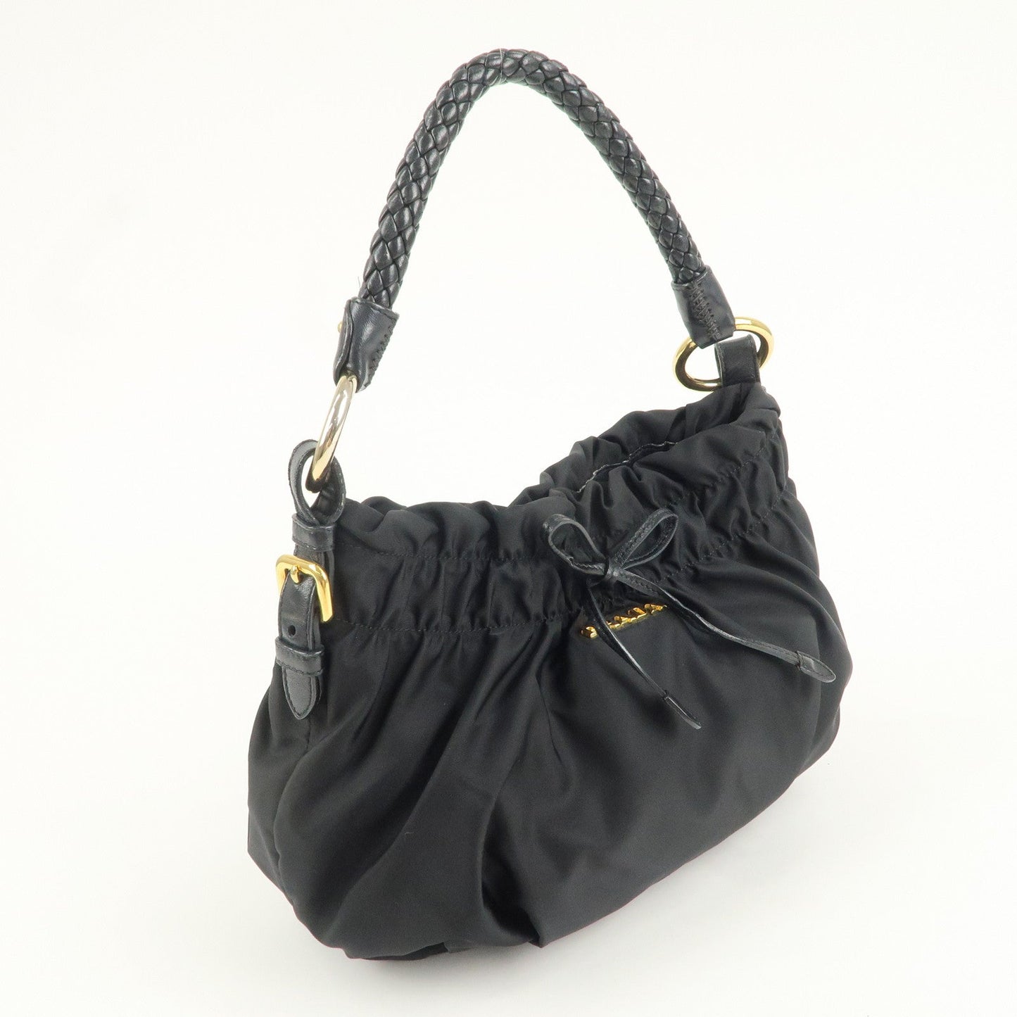 PRADA Nylon Leather Gathered One Shoulder Bag Black Gold HDW