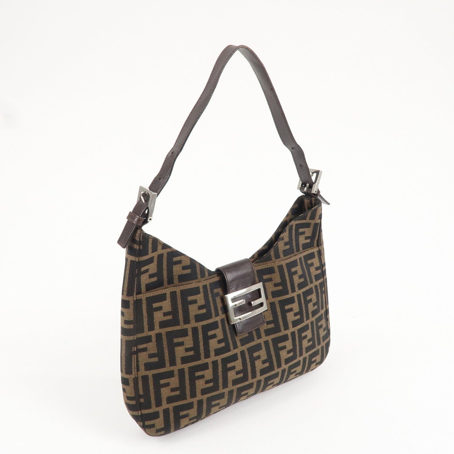 FENDI Zucca Canvas Leather Shoulder Bag Brown Black 26569