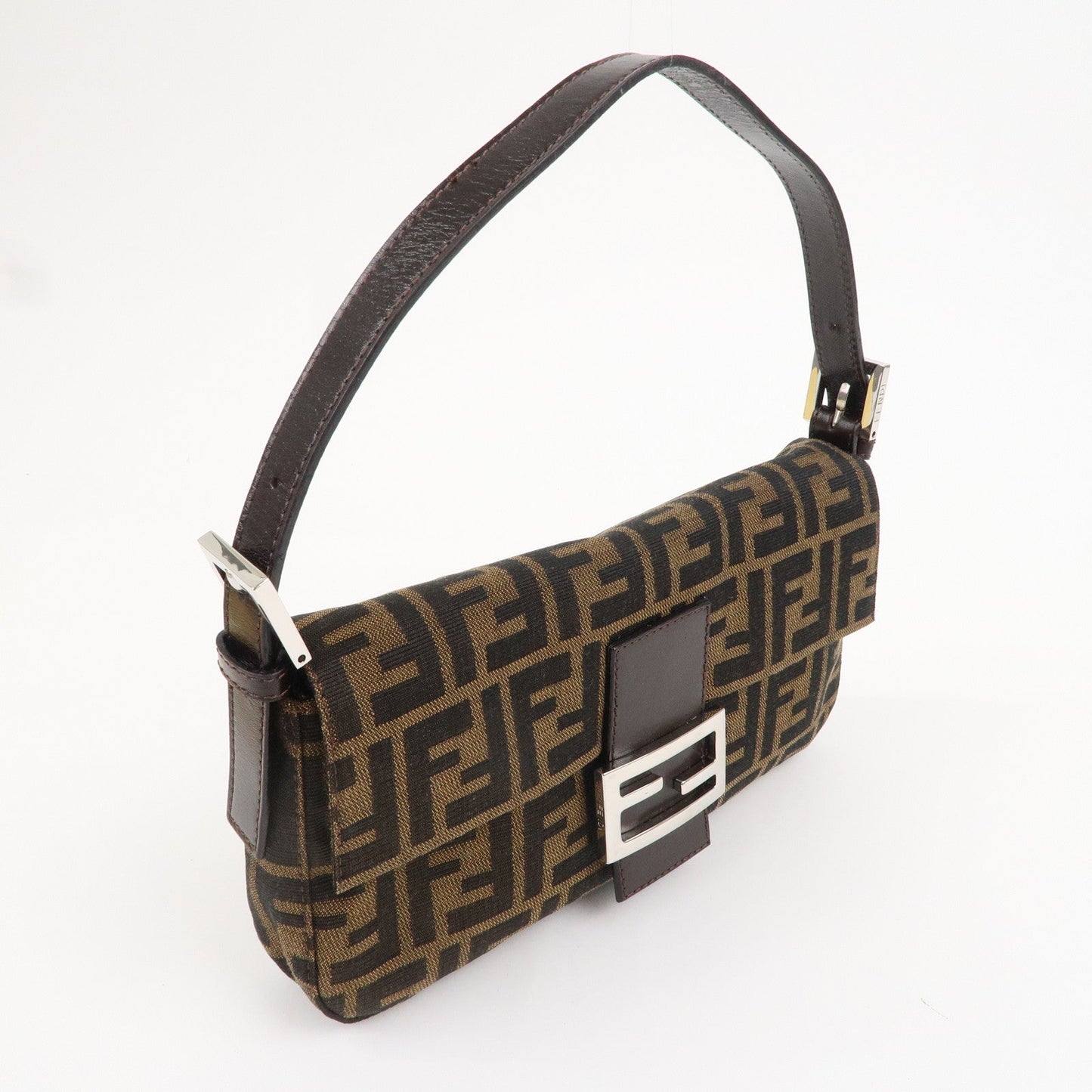 FENDI Mamma Baguette Canvas Leather Shoulder Bag Brown Black 26424