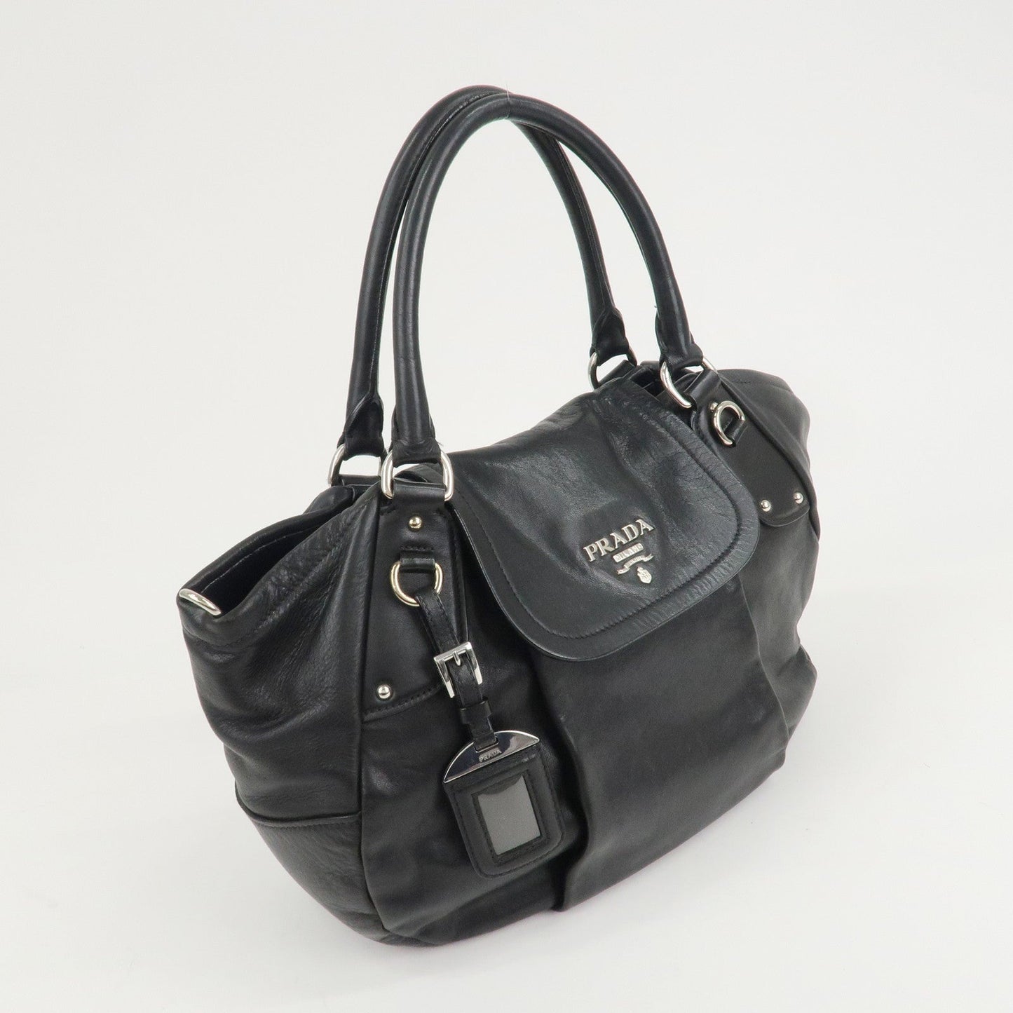 PRADA Leather 2Way Bag Handbag Shoulder Black Silver HDW