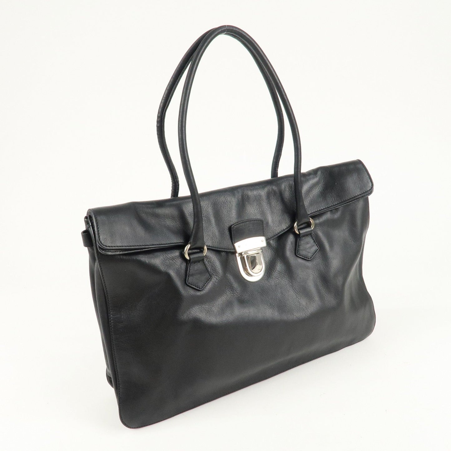 PRADA Leather Tote Bag Shoulder Bag Black Silver Hardware