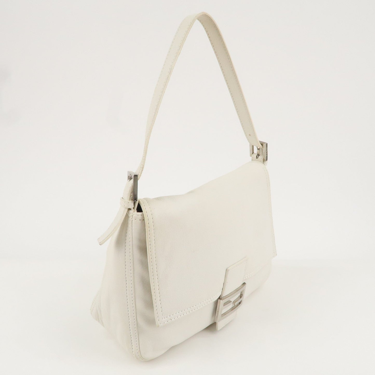 FENDI Leather Mamma Baguette Shoulder Bag Ivory Silver HDW 8BR001