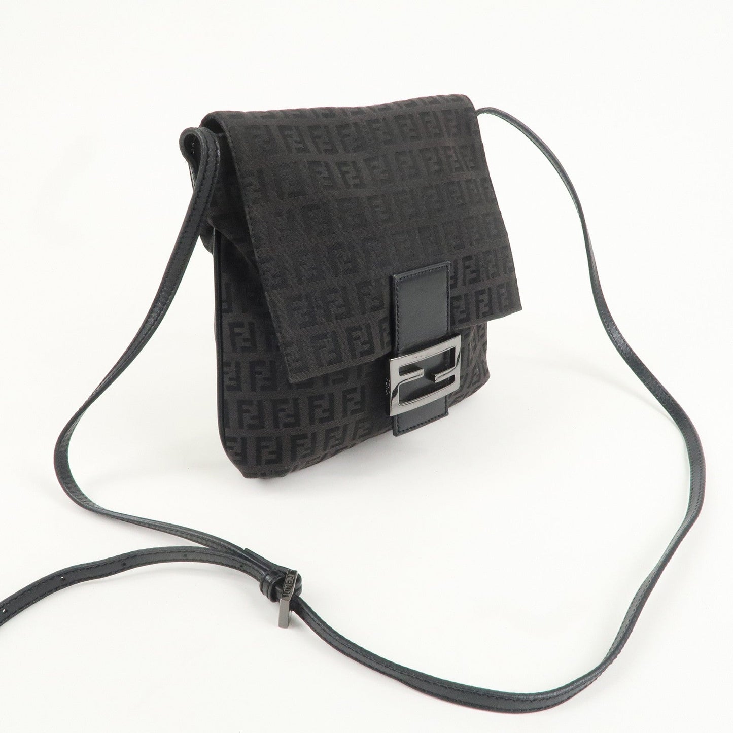 FENDI Zucchino Canvas Leather Shoulder Bag Black 8BT075