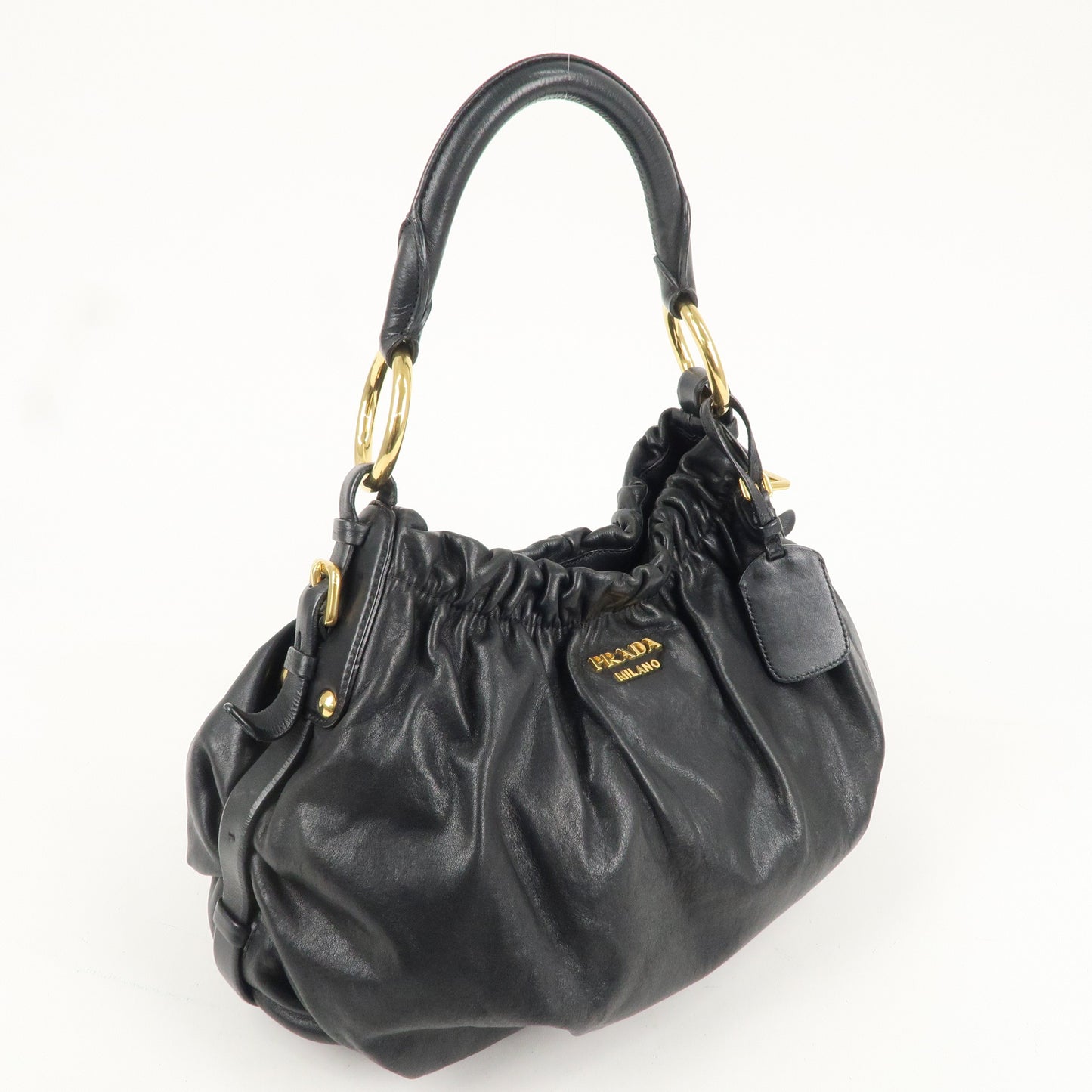 PRADA Logo Leather Shoulder Hand Bag Black Gold Hardware