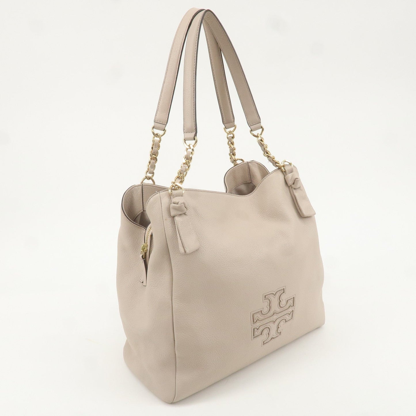 Tory Burch Leather Chain Tote Bag Sholder Bag Pink Beige