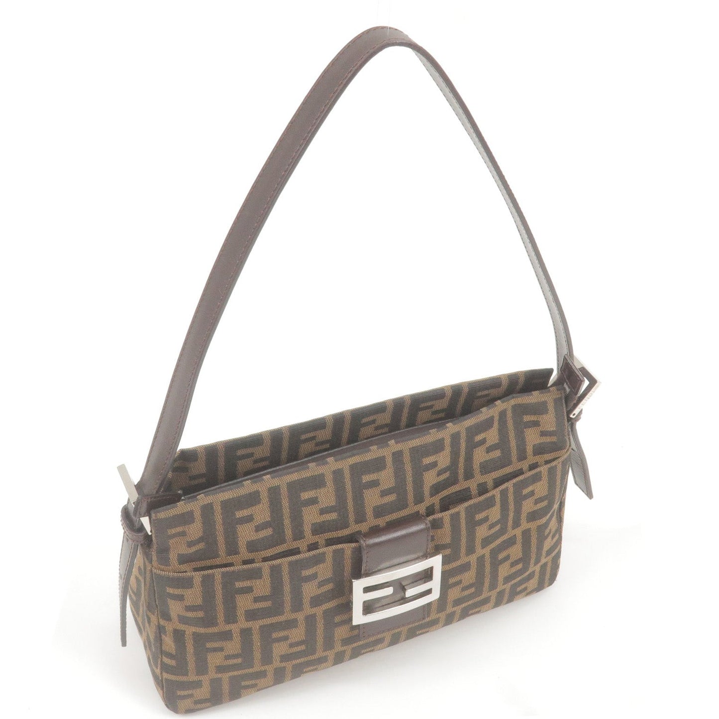 FENDI Zucca Canvas Leather Shoulder Bag Brown Black 26566