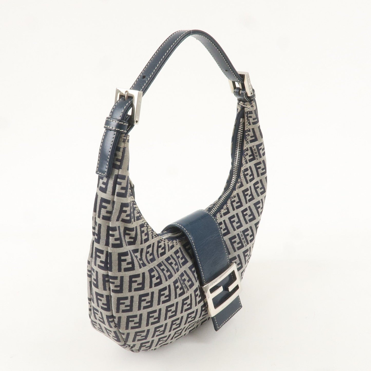 FENDI Zucchino Canvas Leather Shoulder Bag Navy Grey