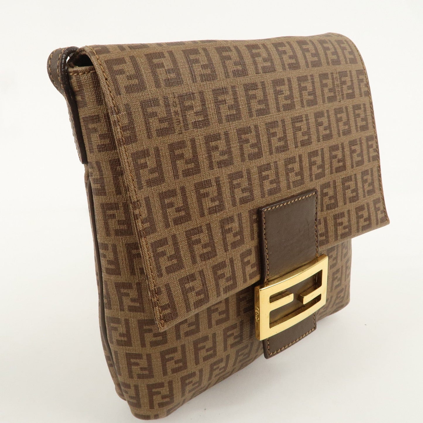 FENDI Zucchino Canvas Leather Shoulder Bag Beige Brown 8BT075