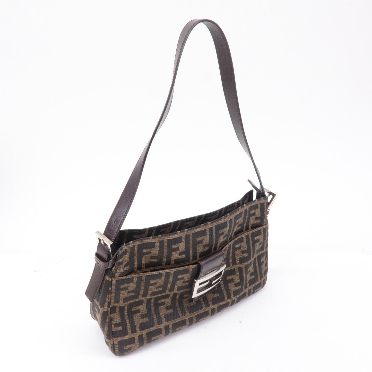 FENDI Zucca Canvas Leather Shoulder Bag Brown Black 26566