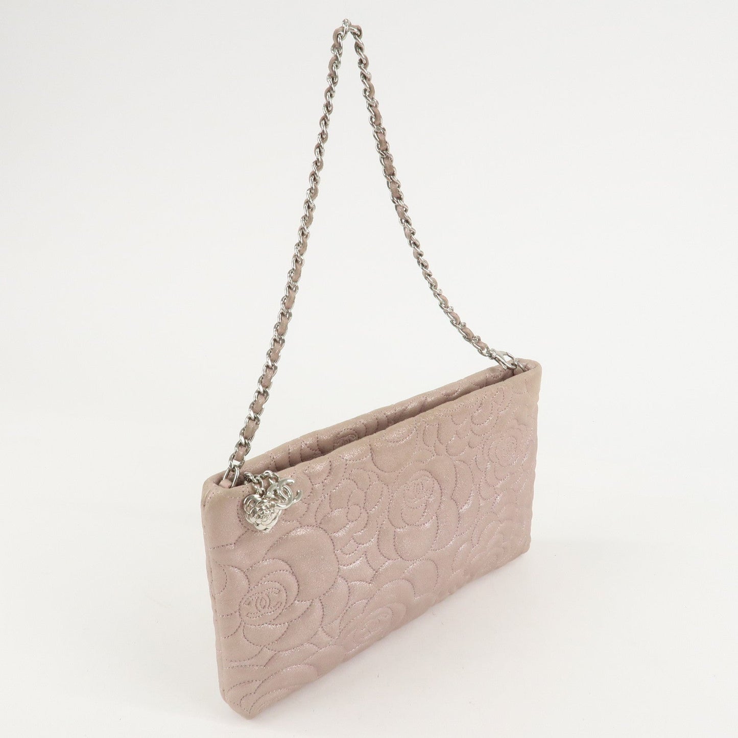 CHANEL Camelia Shiny Lambskin Chain Shoulder Bag Pink