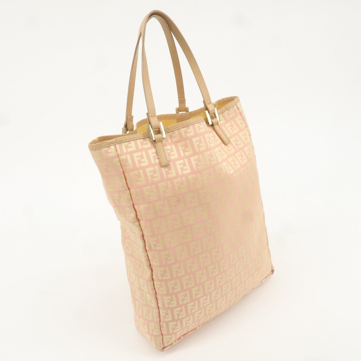 FENDI Zucchino Canvas Leather Hand Bag Tote Bag Pink Beige 8BH006