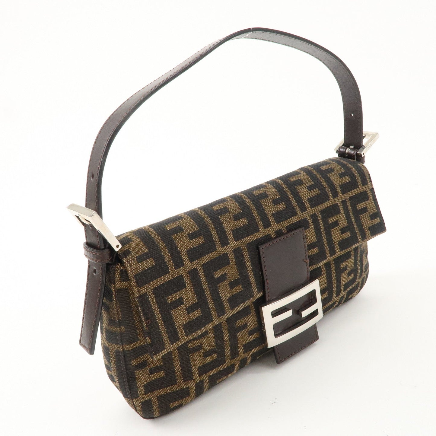 FENDI Mamma Baguette Canvas Leather Shoulder Bag Brown Black 26424