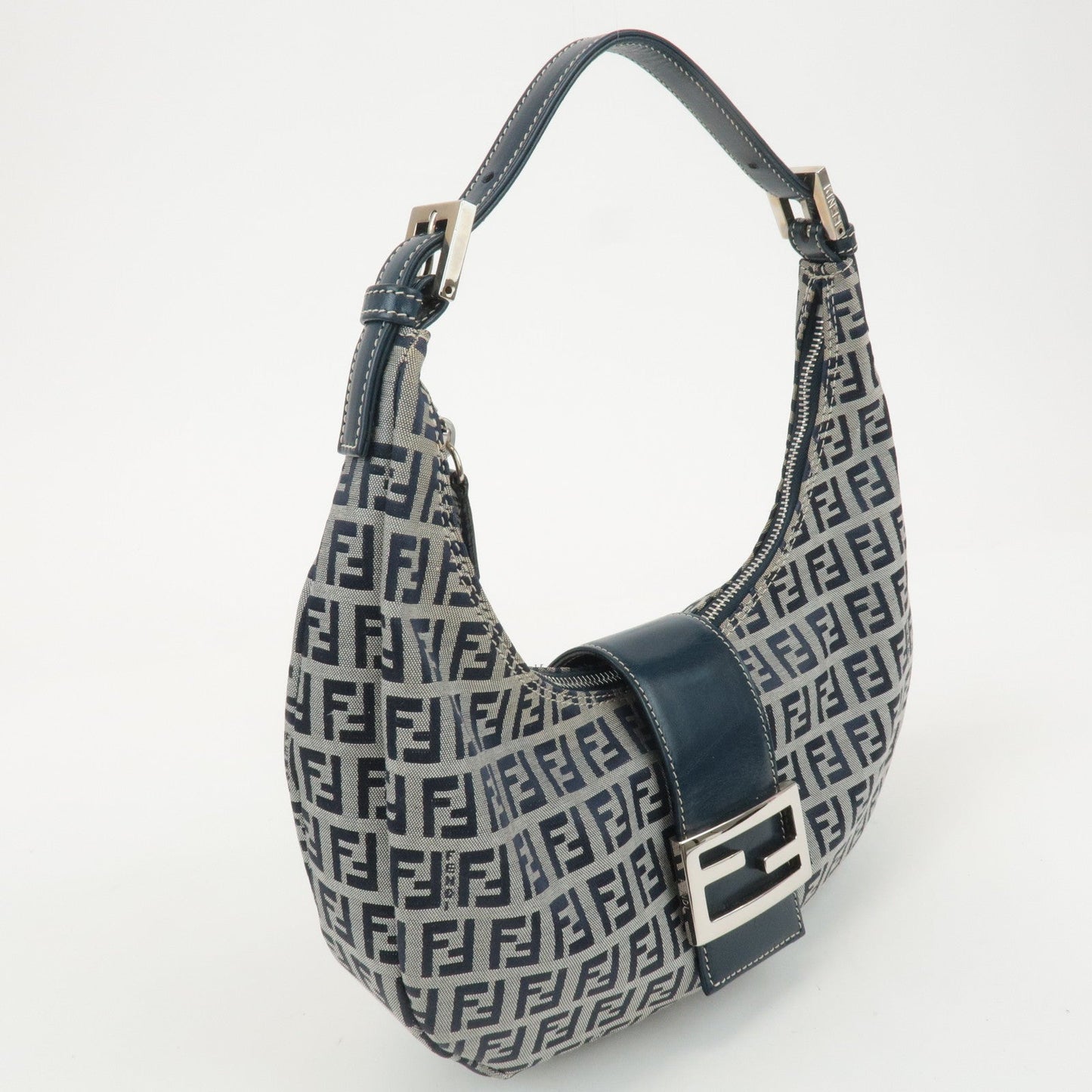 FENDI Zucchino Canvas Leather Shoulder Bag Navy Grey