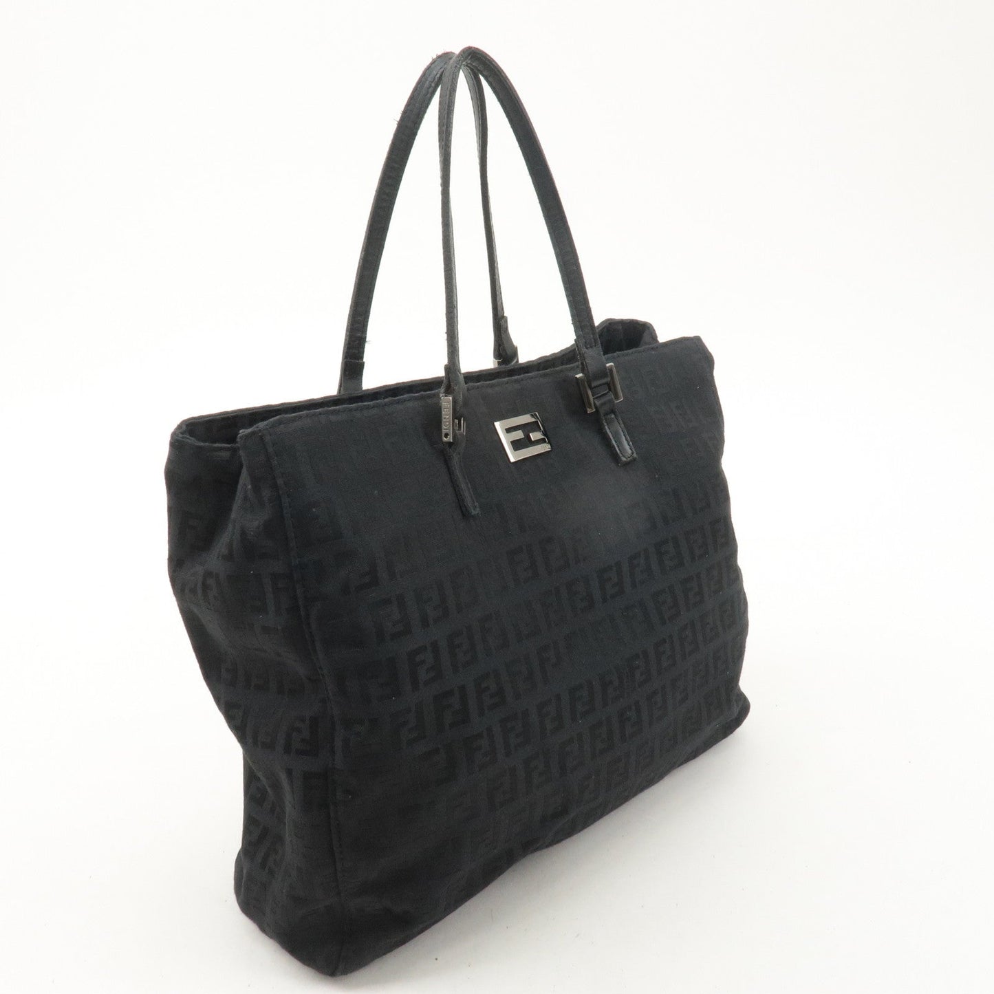 FENDI Zucchino Canvas Leather Hand Bag Tote Bag Black 8BH133