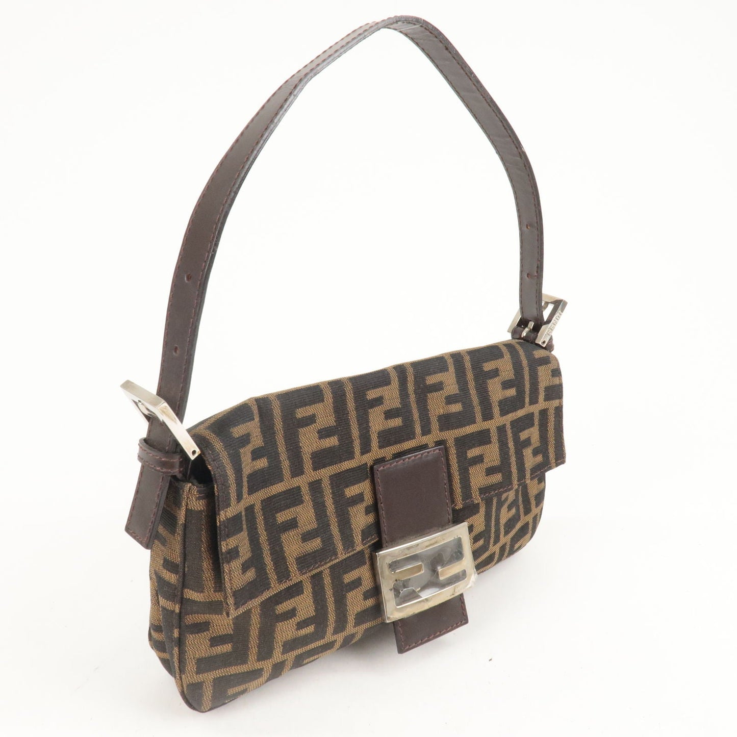 FENDI Mamma Baguette Zucca Canvas Leather Shoulder Bag Brown 26424