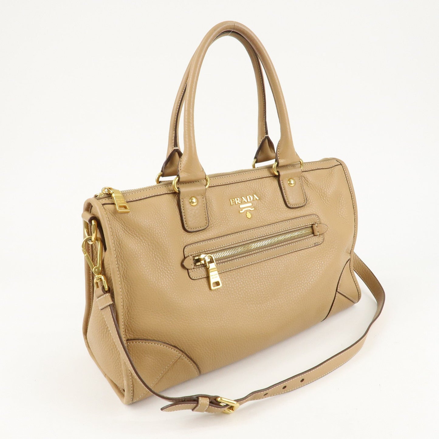 PRADA Logo Leather 2Way Bag Hand Bag Shoulder Bag Beige