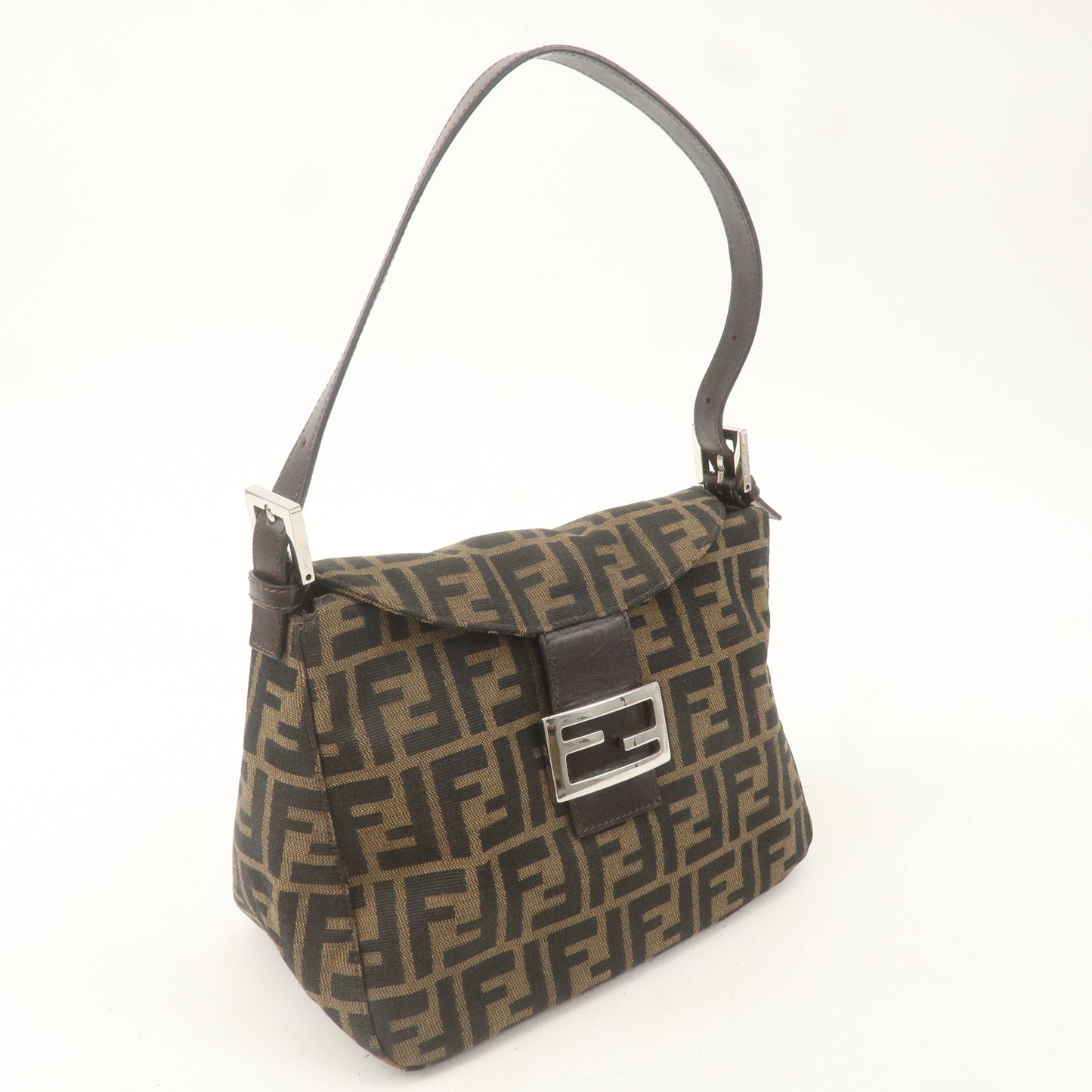 FENDI Zucca Canvas Leather Shoulder Bag Brown Black 26426