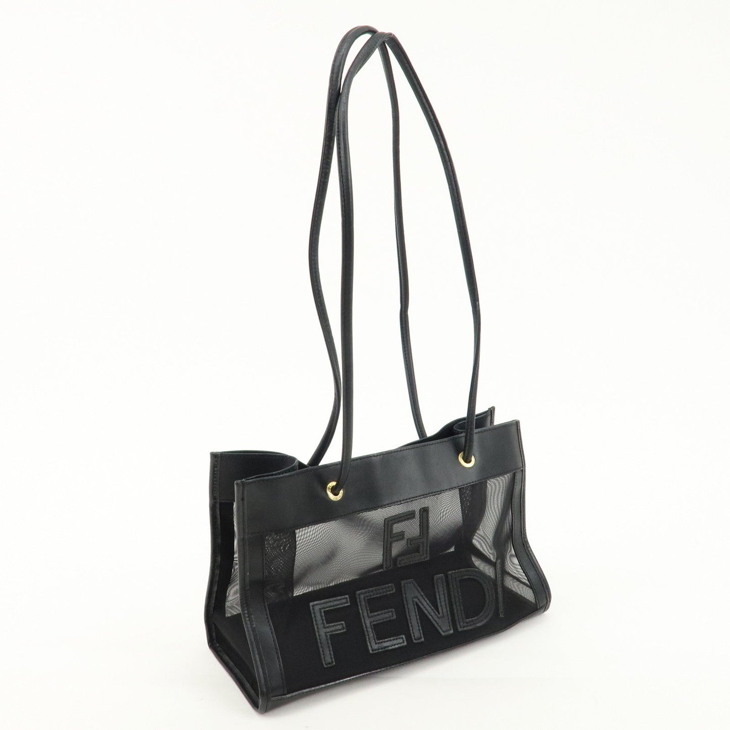 FENDI Mesh Leather Logo Tote Bag Hand Bag Black Small