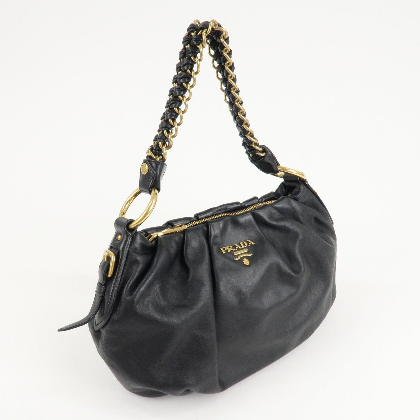 PRADA Leather Chain One-Shoulder Bag Black Gold Hardware