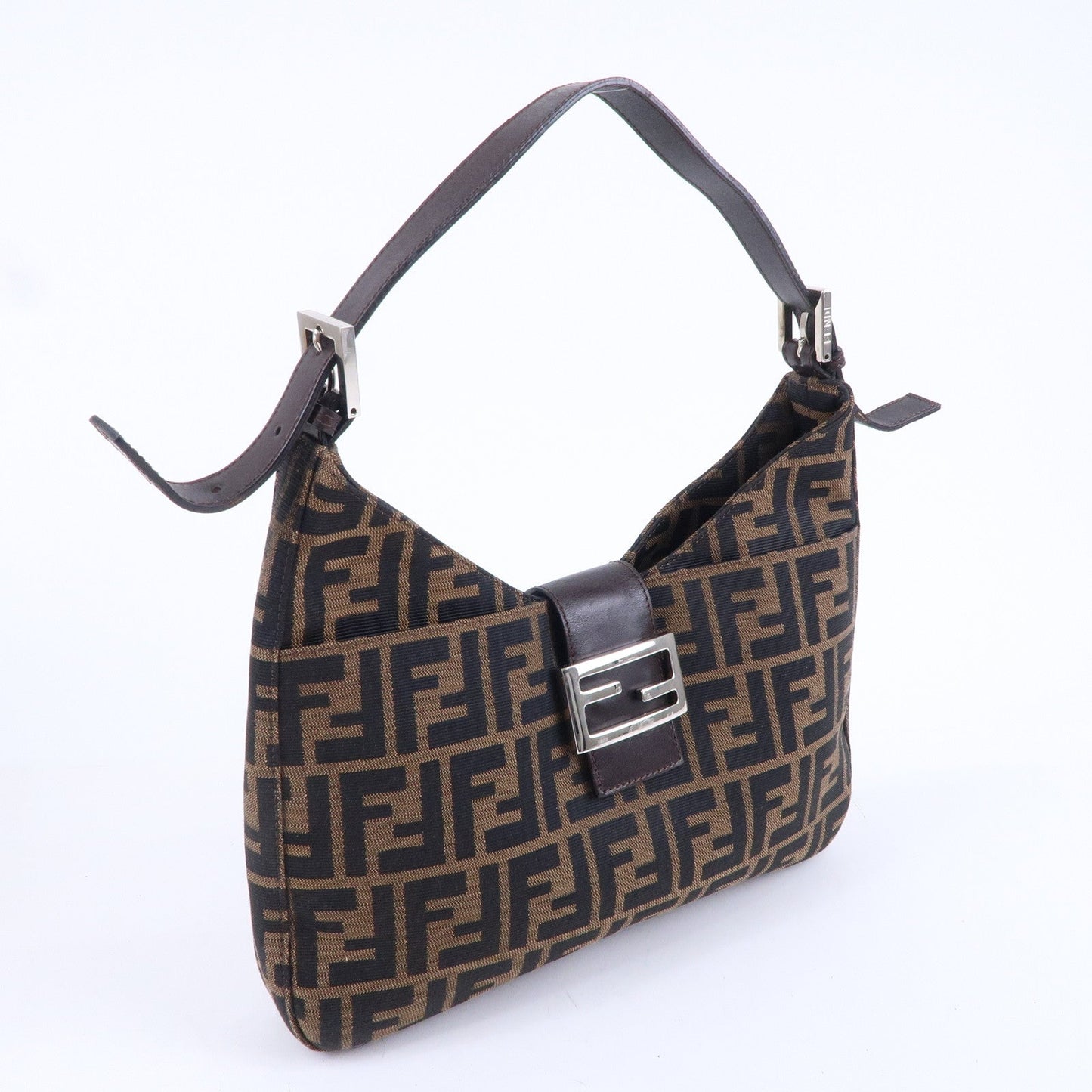 FENDI Zucca Canvas Leather Shoulder Bag Brown Black 26569