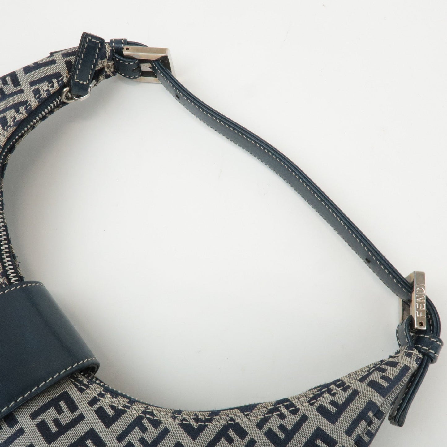 FENDI Zucchino Canvas Leather Shoulder Bag Navy Grey