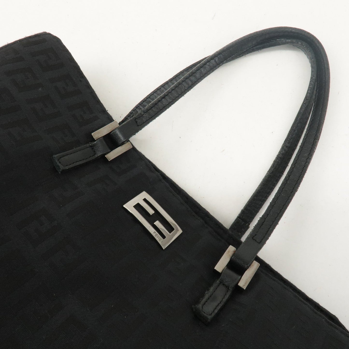 FENDI Zucchino Canvas Leather Hand Bag Tote Bag Black 8BH133