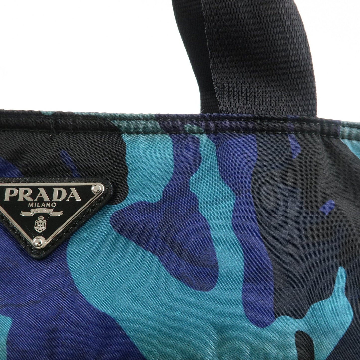 PRADA Logo Nylon Leather Tote Bag Hand Bag Blue Black