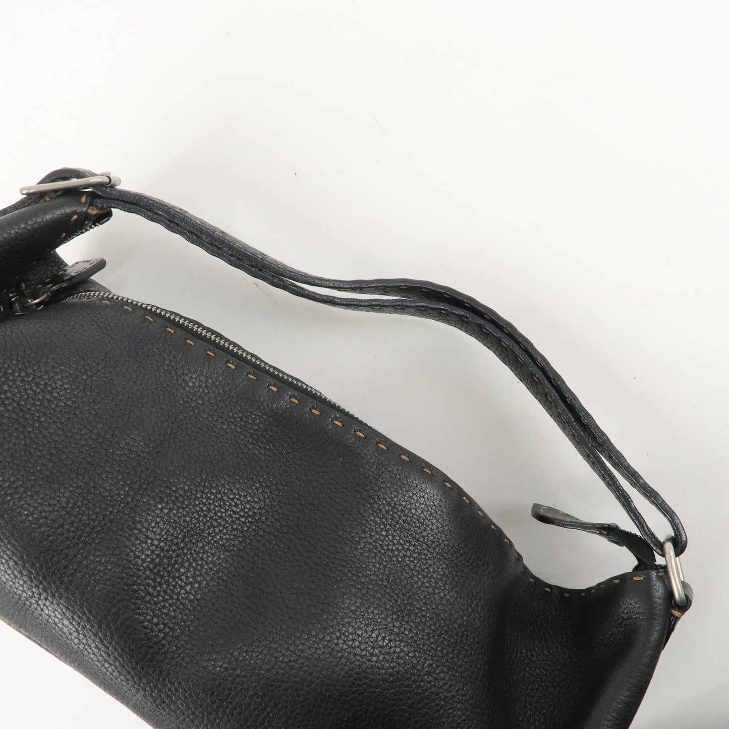 FENDI Selleria Leather Shoulder Bag Black Silver Hardware